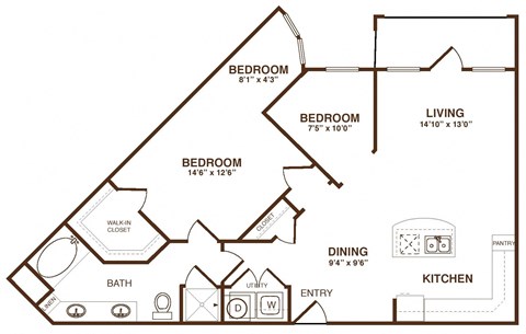 Floor plan for 1 bed, 1 bath, 996 sqft